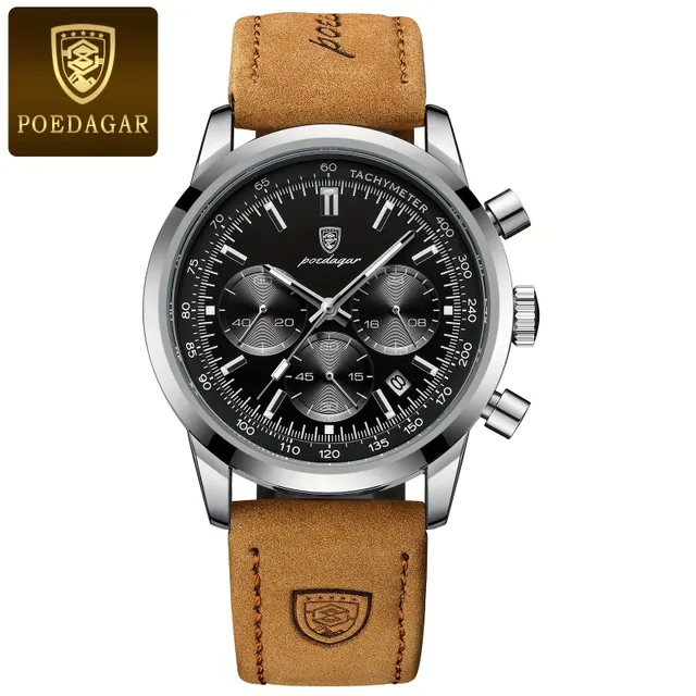 Men's chronograph watch business/free time quartz with luminance, analog, with PU leather strap, with data indicator
