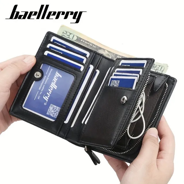 Men's retro short PU leather wallet with multiple card slots, buckle and zipper for bank cards