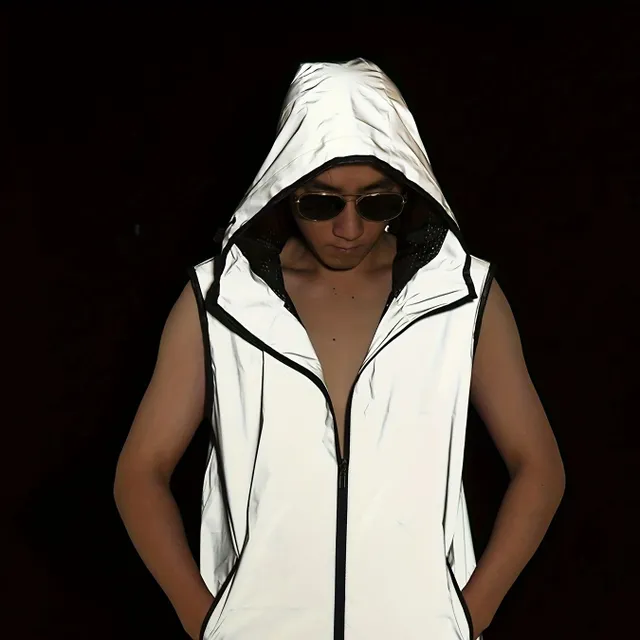 Male reflective vest with hood and zipper without sleeves with zipper pockets