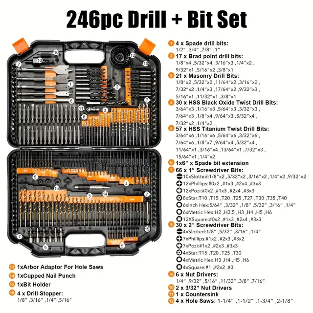 Set de 246 bucăți de burghie cu cutie de depozitare, burghie spiralate HSS, burghie acoperite cu titan pentru lemn și metal pentru tăiere, găurire și polizare