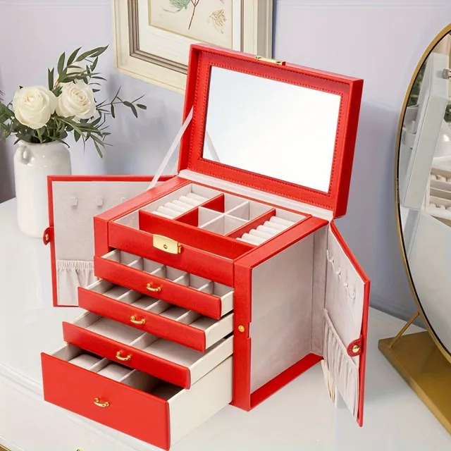 1 piece Large jewelry box, 5-storey PU leather organizer with lock, multifunctional storage case with mirror