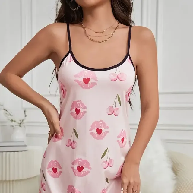 Nightshirt with cherries and lip prints, casual, round neckline, exposed back, ruffles - Sleeping Dress