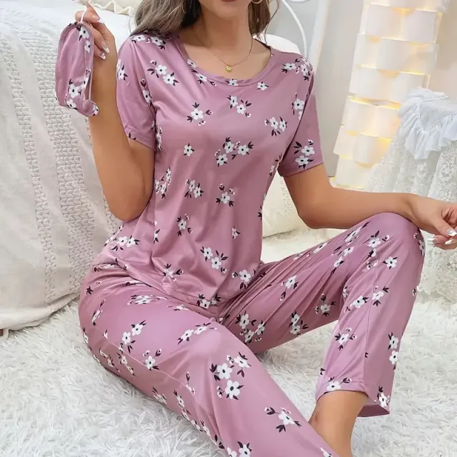 Women's loose pajamas with floral printing, short sleeve and pants - Sleeping and relaxation kit