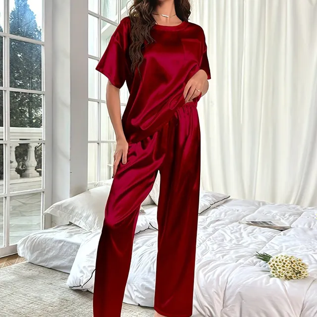 Pyjama en satin pour femme, ensemble à manches courtes et pantalons longs