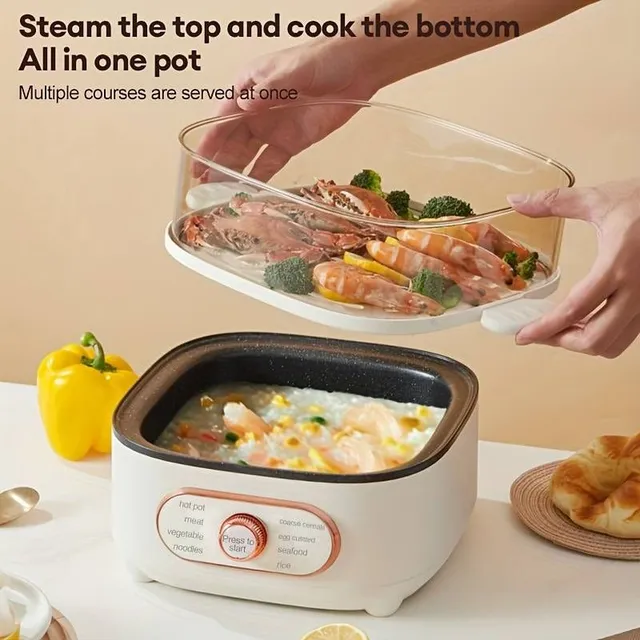 Electric steam pot with two levels, visualization lids and stackable baskets, multifunction 9.5 l, with automatic shutdown function