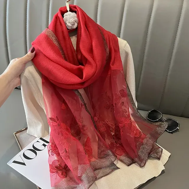 Luxury silk scarf in size 70x180 cm for women with fashion embroidery