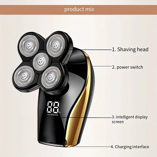 Head shaver with LED display, men's cordless rechargeable wet/dry shaver