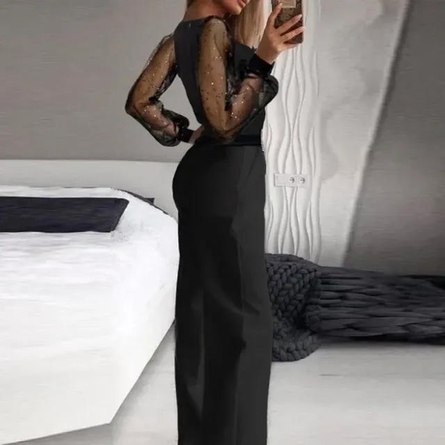 Women's fashionable sexy jumpsuit with V-neckline, shimmering semi-transparent mesh, wide legs and pockets