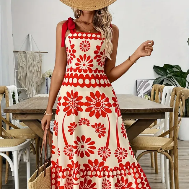 Summer maxi dress with ethnic print and tied shoulder