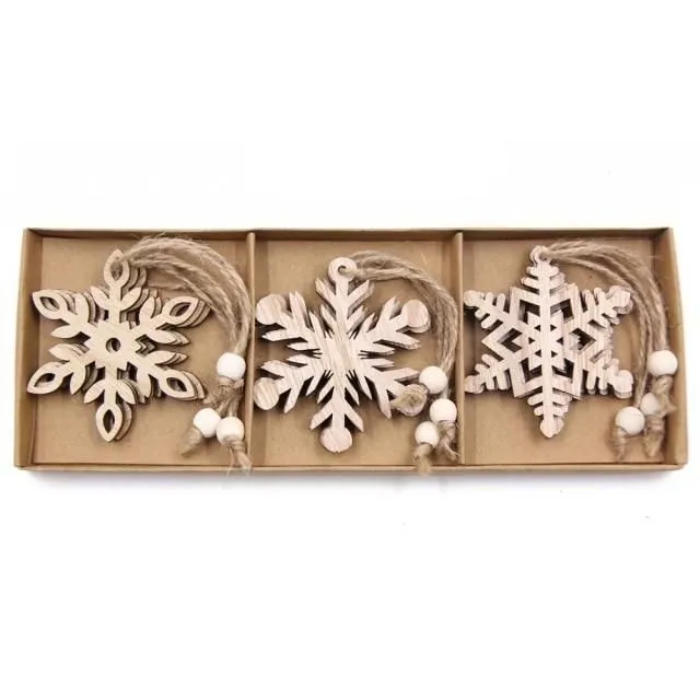 Wooden Christmas snowflakes for tree 12 pcs