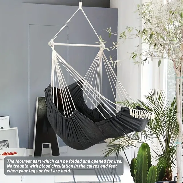 Hammock Chair Hanging Swing Foot Rest Cushions Suspension Included, Collapsible Metal Spreader Bar Pro Durability Easy Saving Soft Cotton Woven fabrics Hanging Chair Side Pocket