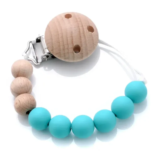 Wooden pacifier clip with silicone bite and round beads