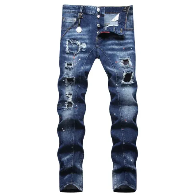 Men's blue skinny jeans with holes in Italian style - high quality men's slim fit jeans