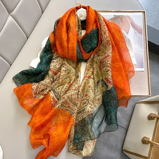 Silk scarf for women with luxury print, long and in many colour variations