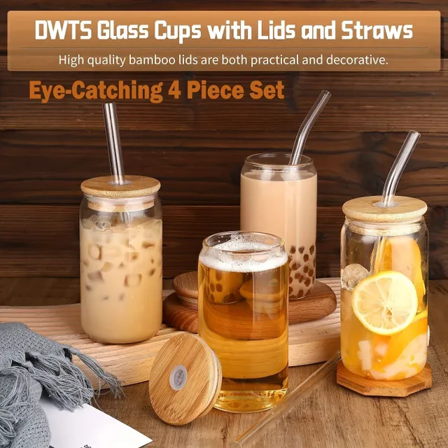 4pcs Drinking glasses with bamboo lids and a set of glass slams