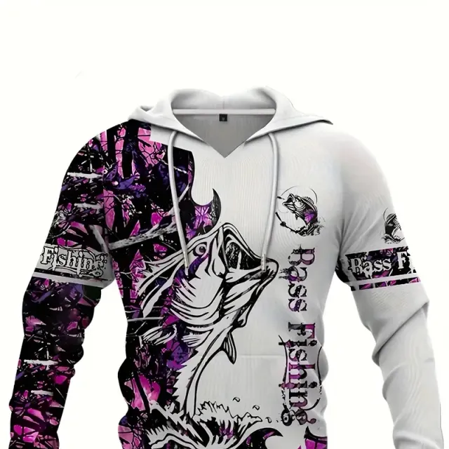 Men's casual sweatshirt with hood and 3D printing of a fishing pattern