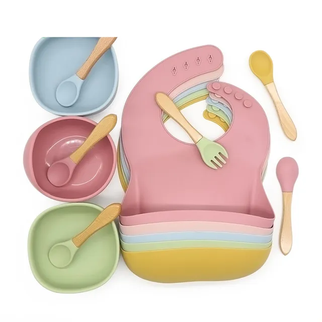 Set de repas en silicone coloré pour enfants - bavoir + bol avec ventouse et cuillère