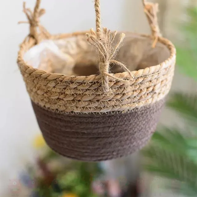 Basket for hanging pot made of woven jute rope