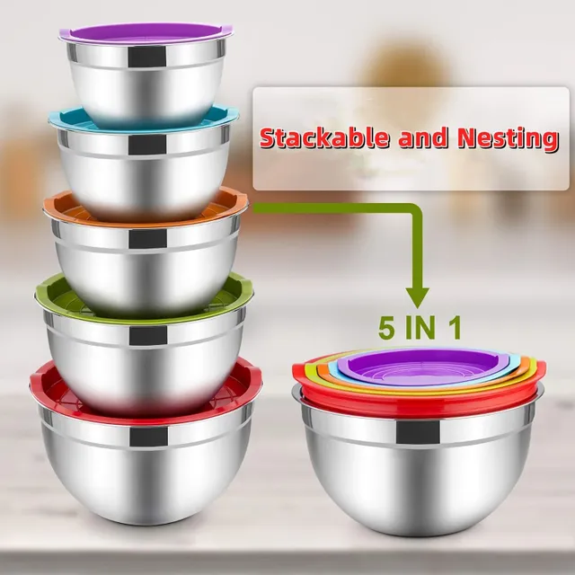 Stainless steel bowls with coloured lids - Set of stackable cooking, baking, serving and storage bowls