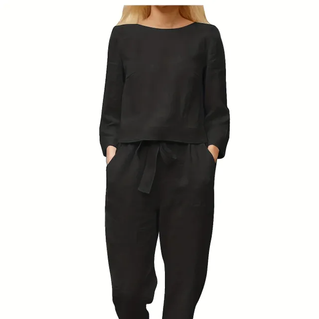 Women's two-piece Set in fluffy sizes, with long sleeve and trousers with pockets