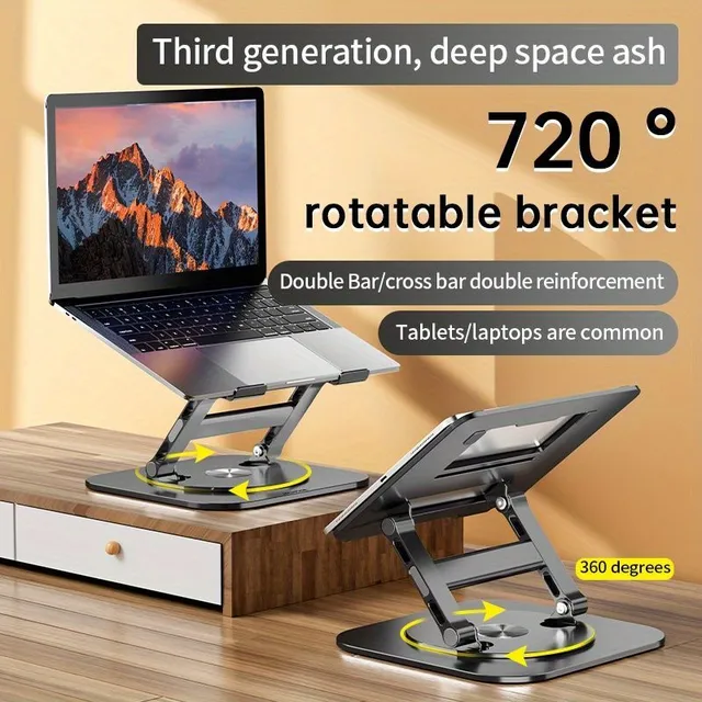 Stojan na počítači, 360 stupňov otočný 2-osový otočný stojan, 360 stupňový otočný stojan na notebooky, hliníková zdvíhacia skladacie chladiaca základňa