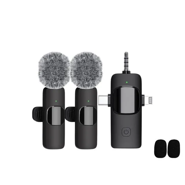 Vylepšený bezdrátový mikrofon pro telefon/kameru Android, redukce šumu, 2 balení s náhr. pěnovým návlekem proti šumu, mini klopový mikrofon