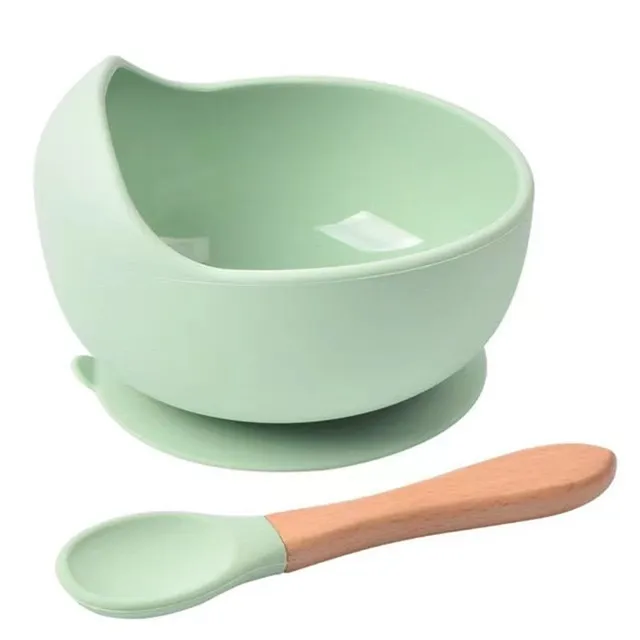 Waterproof silicone tray with suction cup and spoon in green color 2 pcs