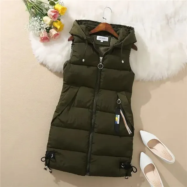 Women's warm long comfortable vest with hood and pockets