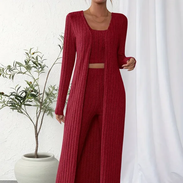 Women's 3-piece ribbed set: shortened top, cardigan with long sleeve and trousers with high waist