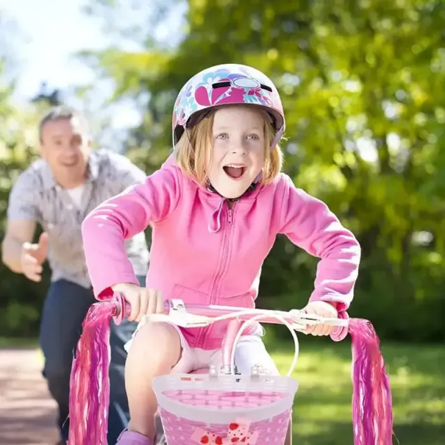 Set aus zwei Quasten, Griff und Korb für das Fahrrad in Rosa oder Lila