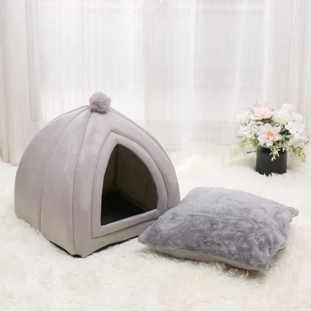 Roztomilý pelíšek pro kočky s plyšovým vnitřkem v trendy šedé barvě - více variant