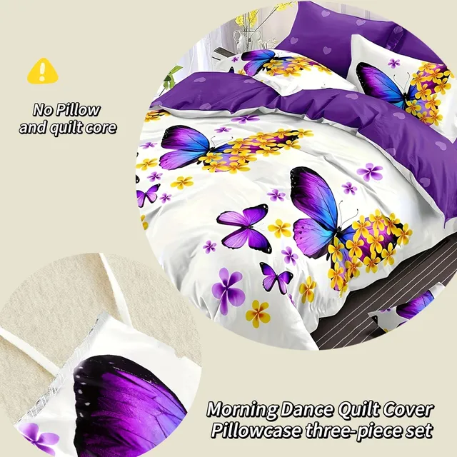 3-part set of sheets for duvet, motif of butterflies and flowers, soft and comfortable