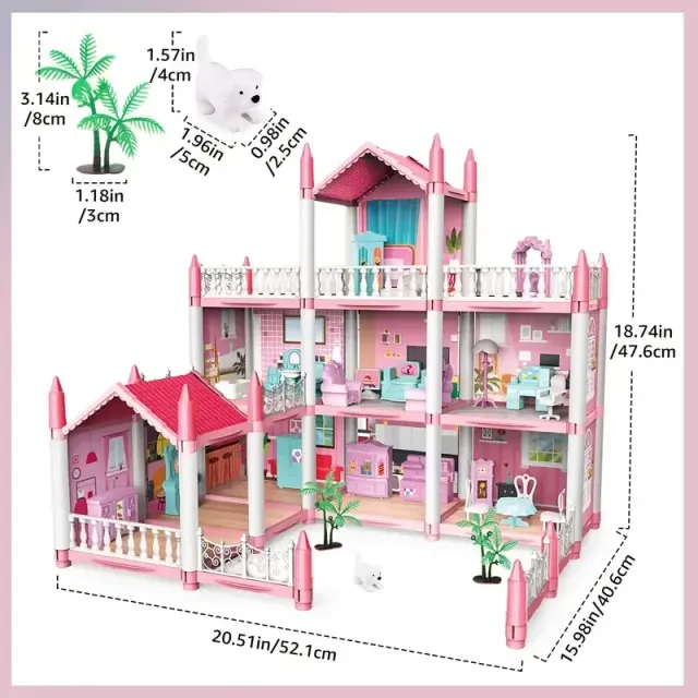 Children's Dollhouse 3 floors 9 rooms pink DIY