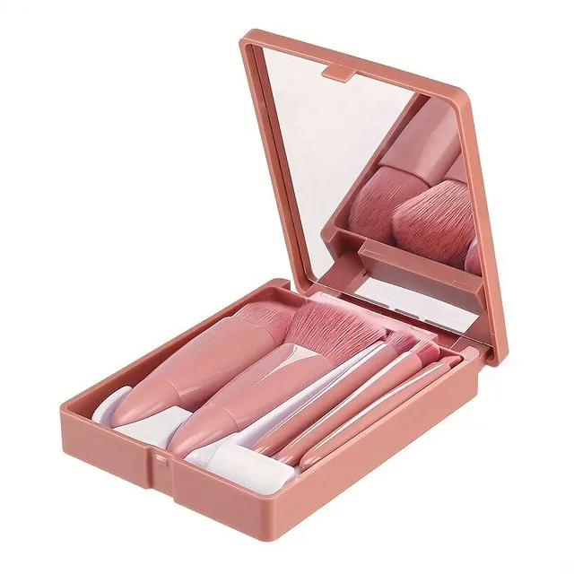 Set von 5 tragbaren Mini-Make-up-Pinseln mit Spiegel und Etui - weiche Fasern für Puder und Lidschatten