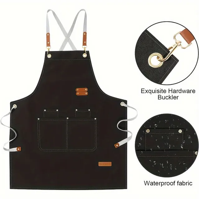 Waterproof and oil-repellent apron, unisex, with practical pockets