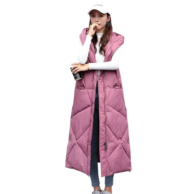 Women's long modern quilted vest with hood