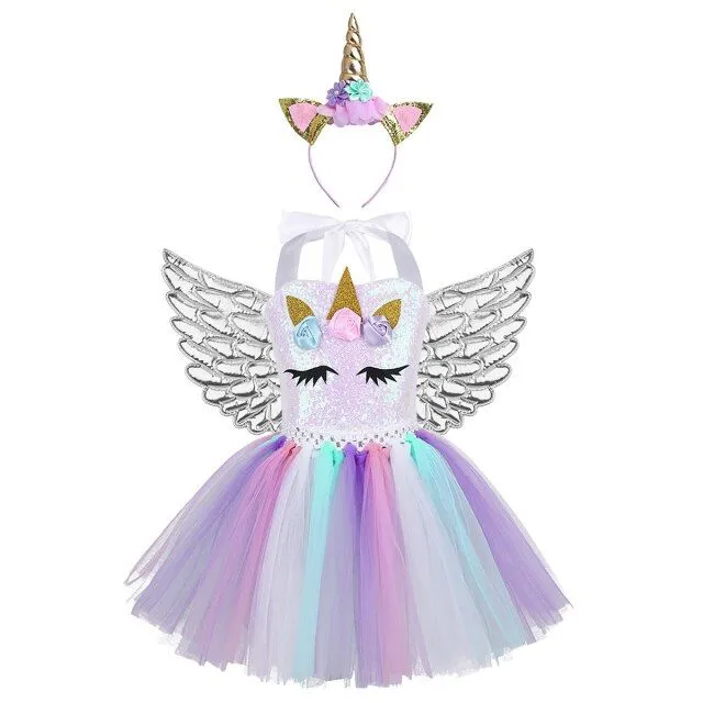 Girl's sequin tulle dress with unicorn with wings and headband