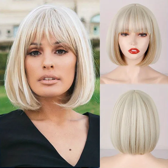 Women's wig: White, short straight bob with bang, natural synthetic fiber, for everyday wear - Hair extension and replacement