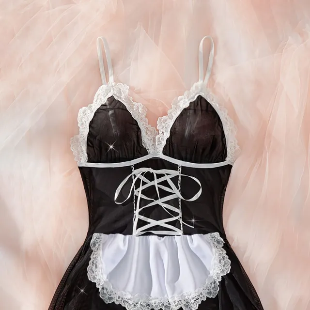 Ladies transparent maid costume with lace trim