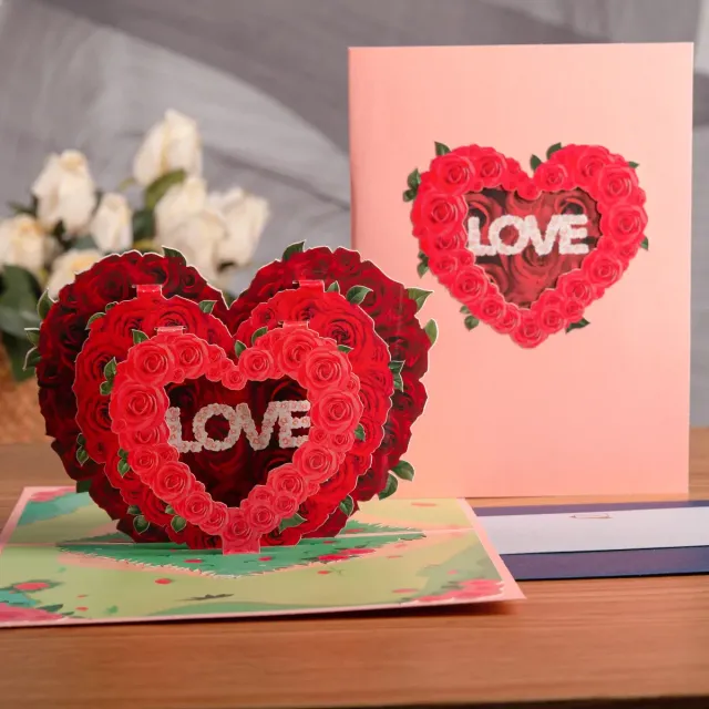 Romantic Valentine's Day card with 3D flower heart and LOVE sign