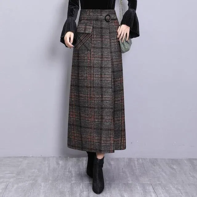 Shelia - Long Plaid High Wave Skirt Dark Academia