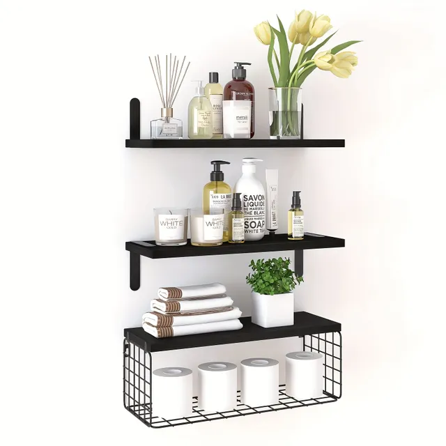 1 set of bathroom shelves above toilet, black floating bathroom shelves wall with wire basket, wooden floating shelves for wall decoration, bathroom wall shelves, wall shelves for bathroom