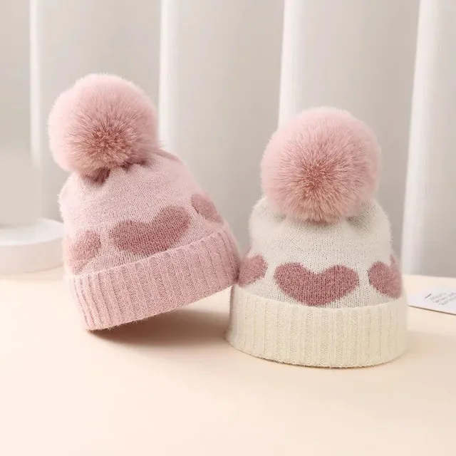 Cappello invernale per neonati con pompon di pelliccia e stampa di cuori - cappello rosa lavorato a maglia per neonati, bambini e bambine