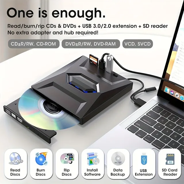 Thin external DVD drive 6v1 USB 3.0 for reading writing and playing disks - for laptops and computers