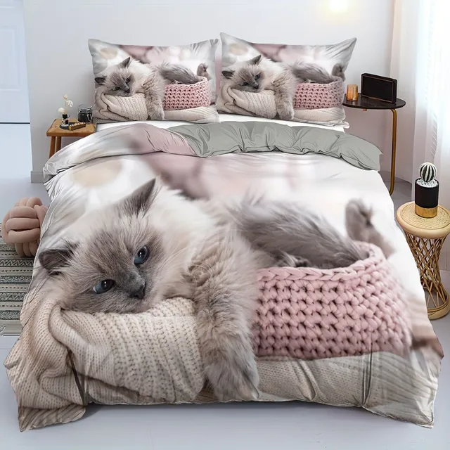 Lenjerie de pat cu pisicuțe drăguțe pentru cearceaf și pernă