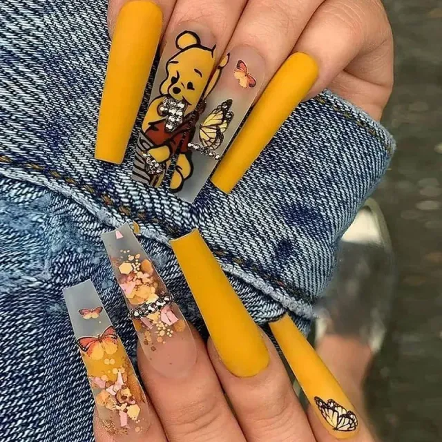 Modern sticky nails - long shape in ballerina style, yellow color, theme favorite characters