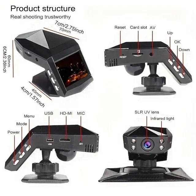 Autokamera Full HD s LCD displejem na středovém panelu, širokoúhlým záběrem 170°, nočním viděním a parkovacím monitorem.