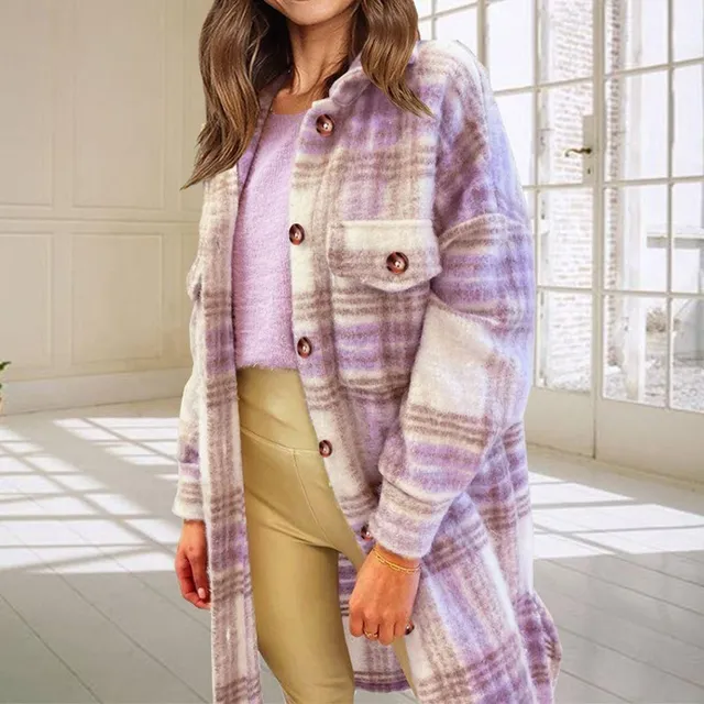 Long plaid coat with long sleeves in wool blend beige1 m