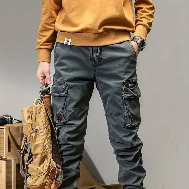 Pantaloni cargo bărbătești trendy din bumbac, cu multe buzunare, lejeri, pentru exterior, de lucru, streetwear