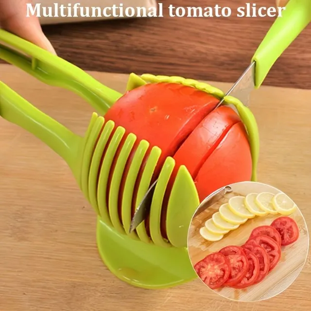 1ks držák na krájení rajčat, kráječ citronu, kulaté nástroje na krájení zeleniny na ovoce, ruční víceúčelové kleště, kuchyňský přístroj (zelený)